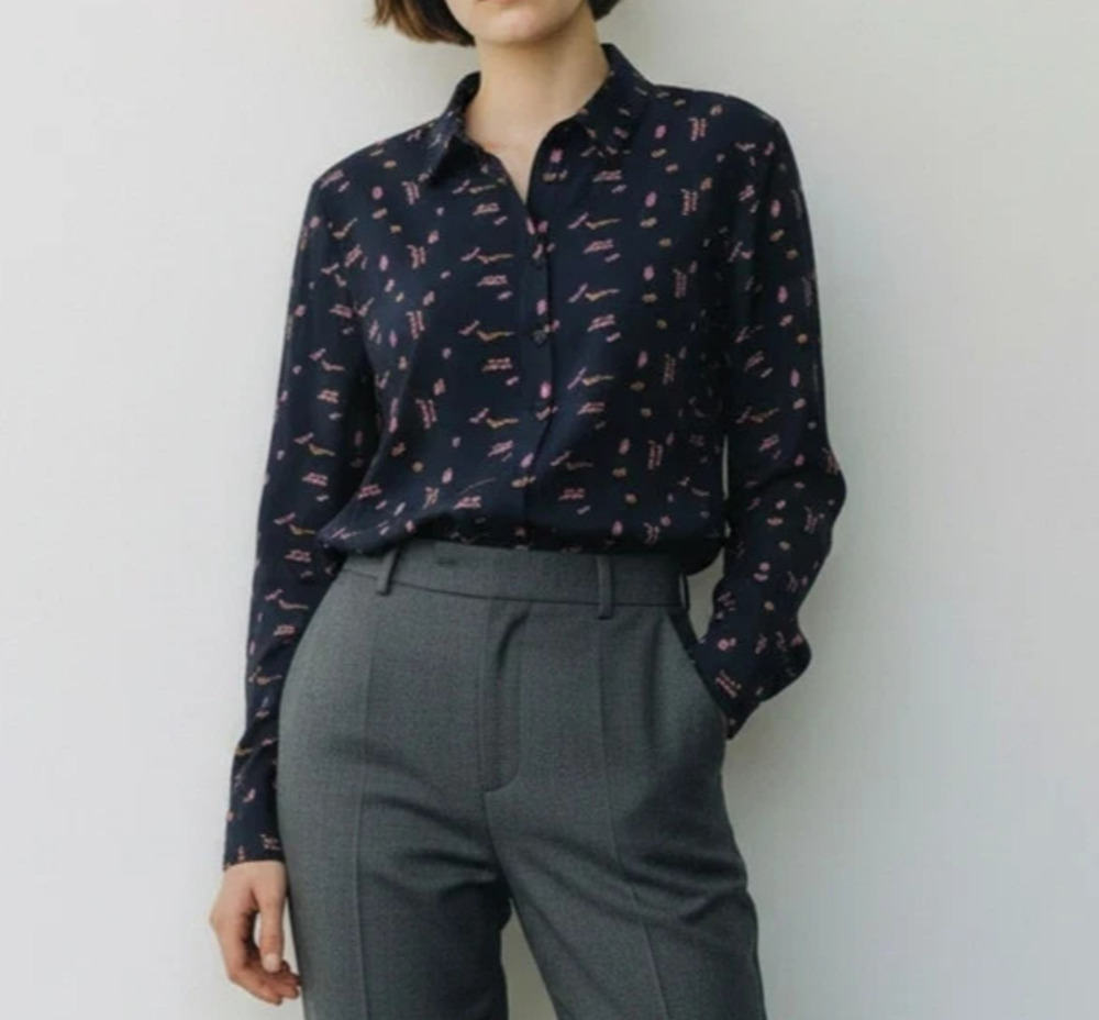 Lafayette 148 Scottie Silk Button Front Shirt Size XL Navy Blue Pink Abstract